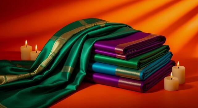 Mysore silk sarees elegantly arranged with candles free photo.
